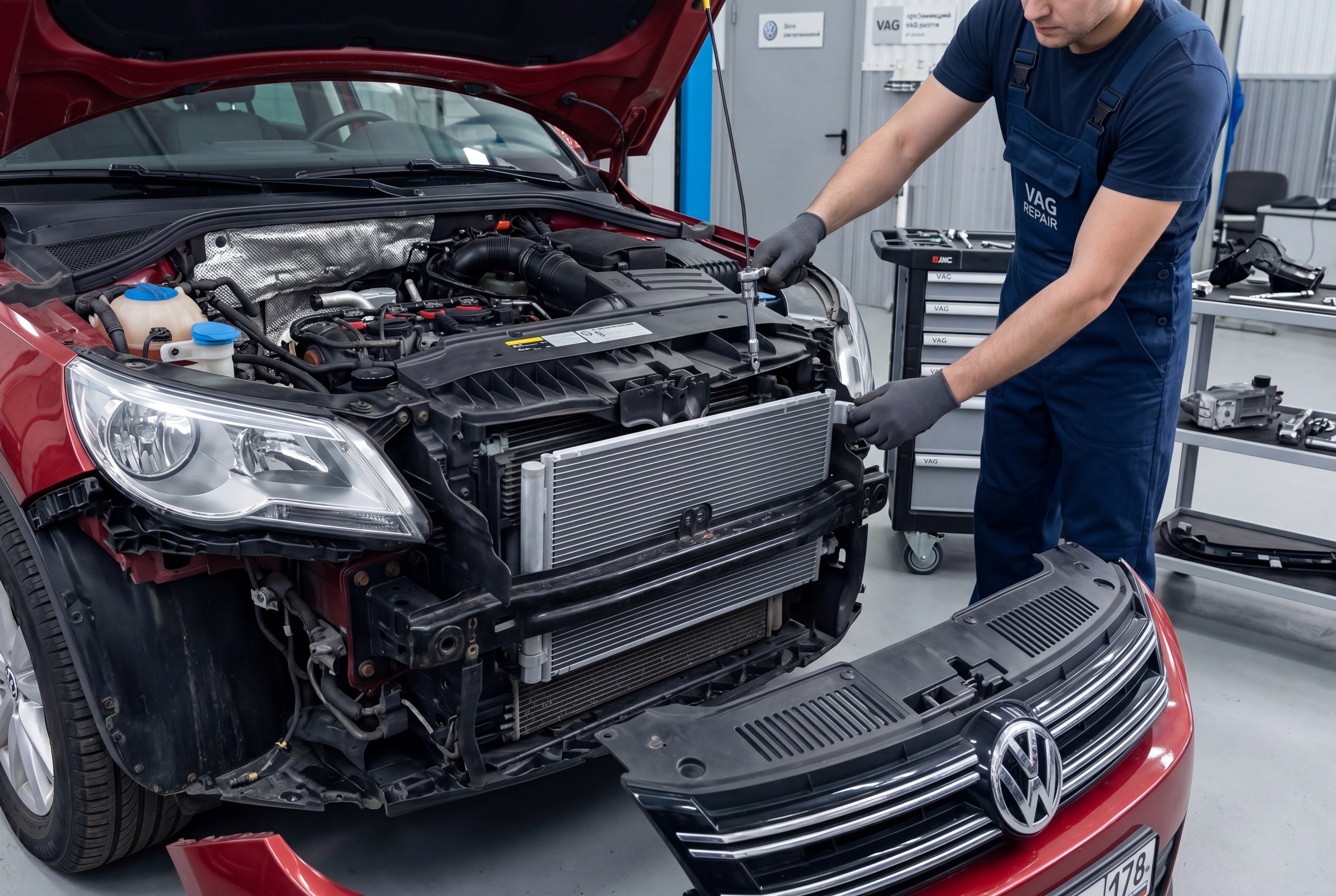 Замена радиатора охлаждения на автомобиле Tiguan