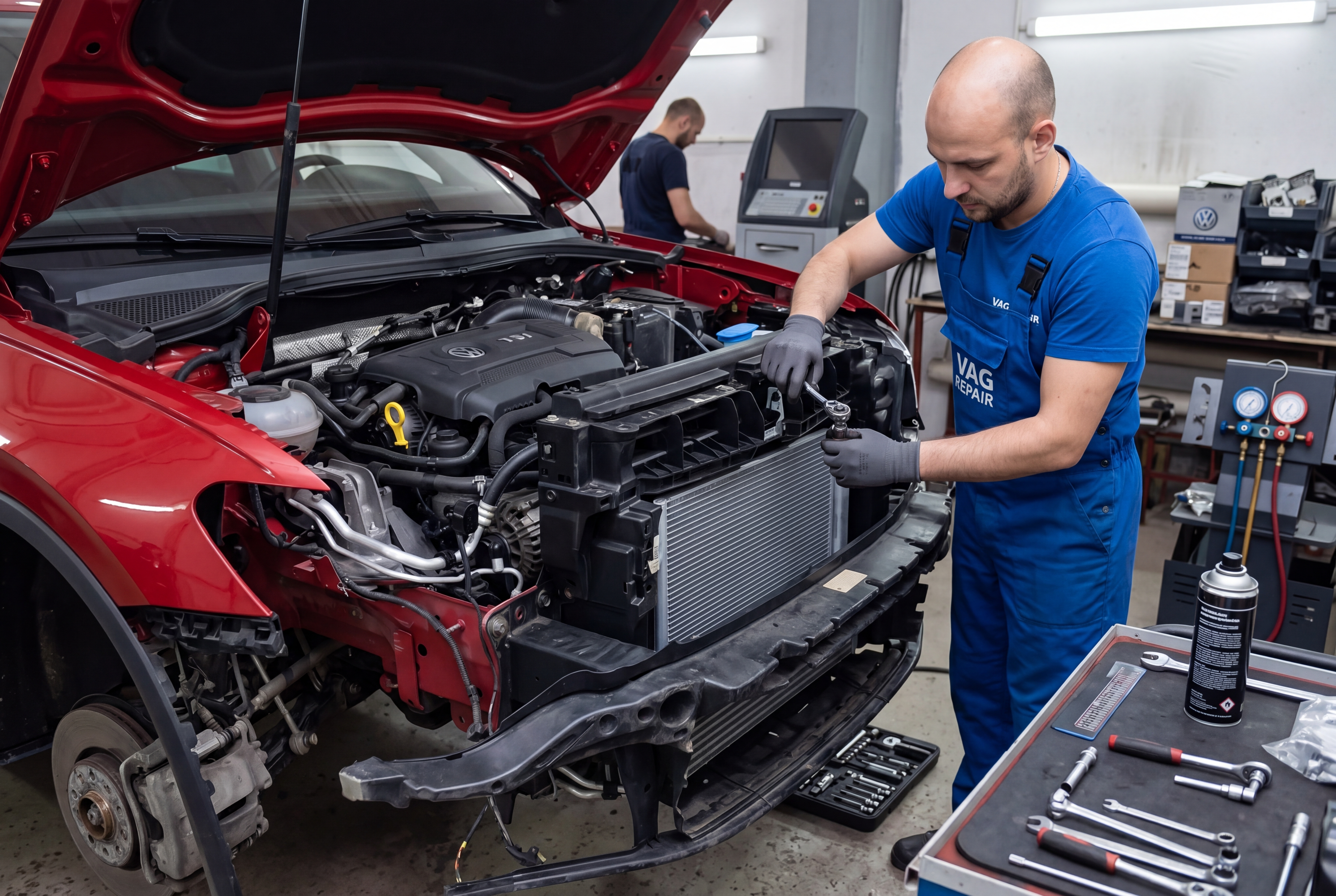Процесс замены радиатора охлаждения на автомобиле Volkswagen&nbsp;Tiguan