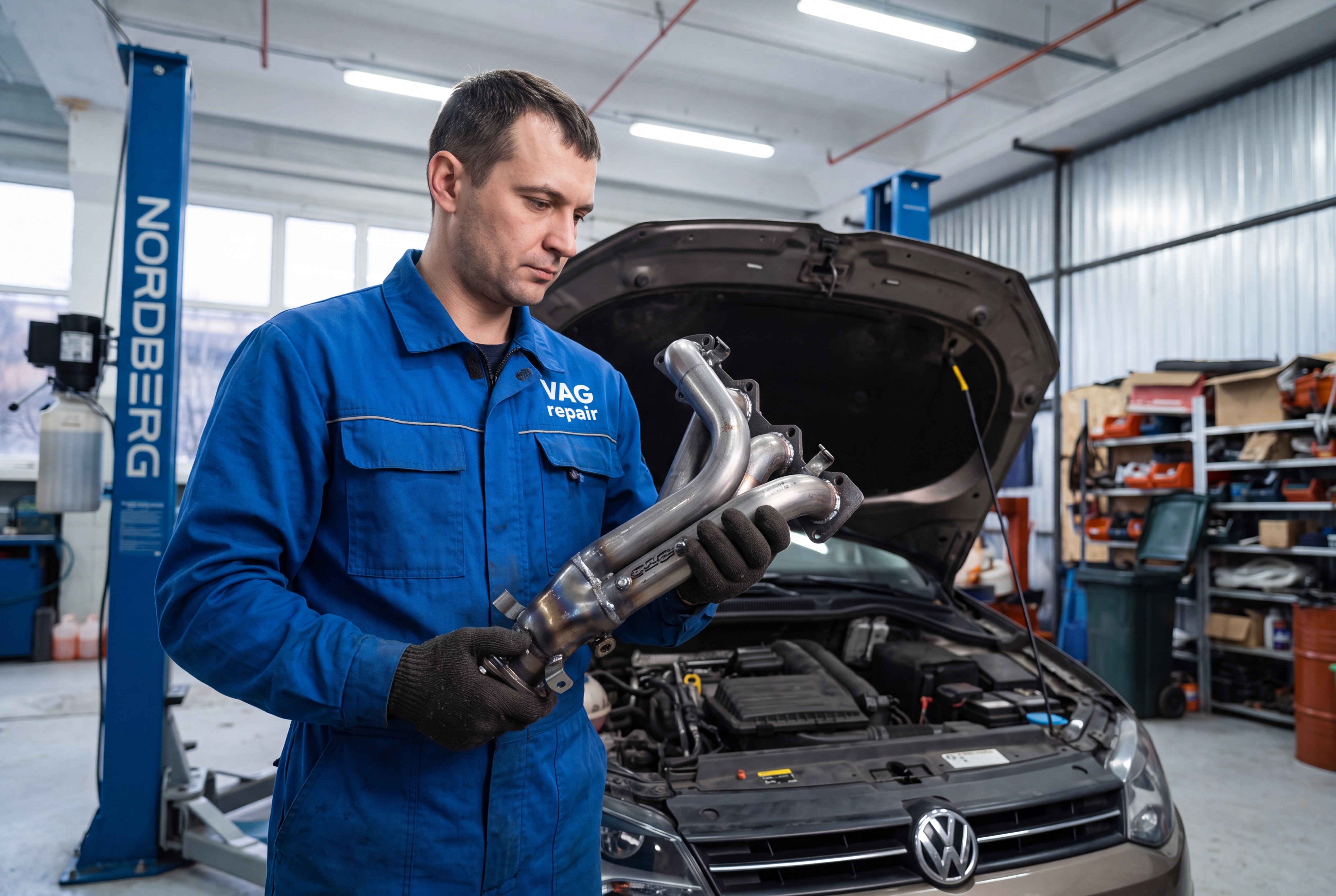 Процесс замены выпускного коллектора и прокладки на автомобиле Volkswagen Polo