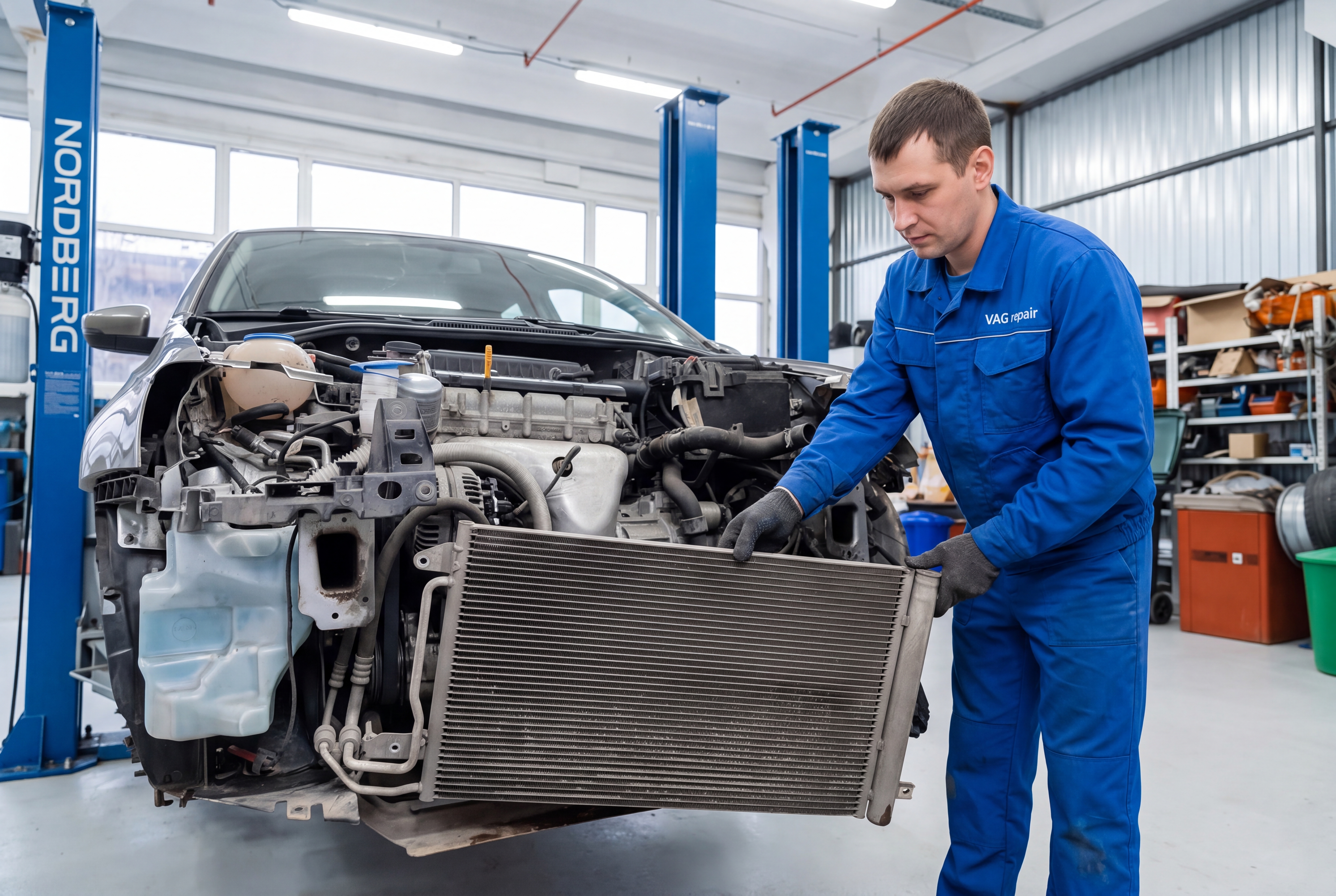 Процесс замены радиатора охлаждения на автомобиле Volkswagen Polo